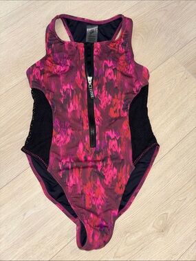 Girls Magenta Front-Zip One-Piece Swimsuit with Black Side Panels